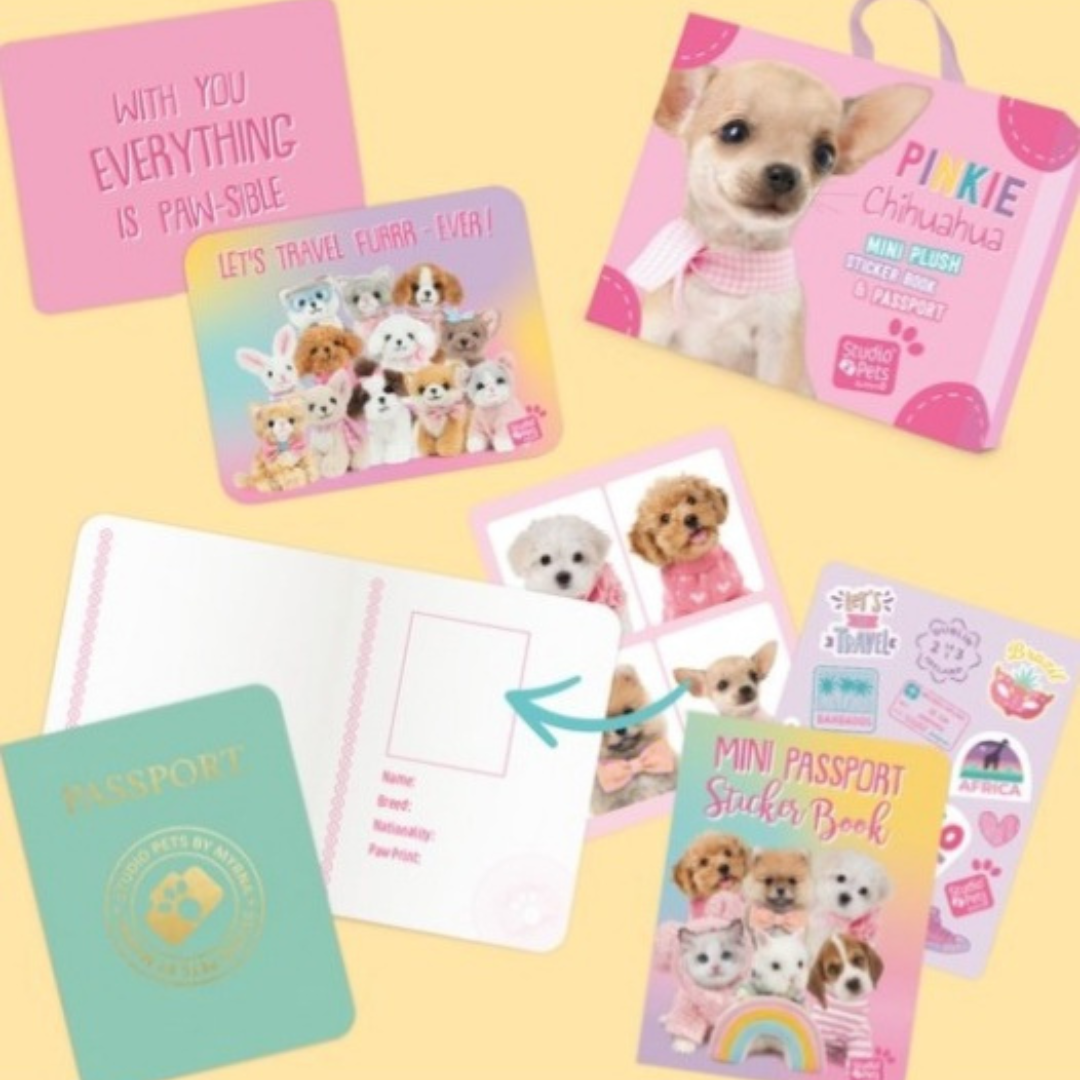 Studio Pets Peluche Pinkie avec sa valise, son passeport et ses stickers
