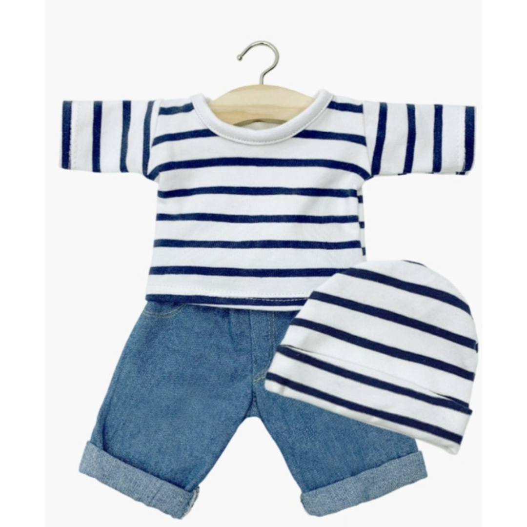 Minikane Ensemble marinière à rayures bleues et pantalon en jean avec son bonnet