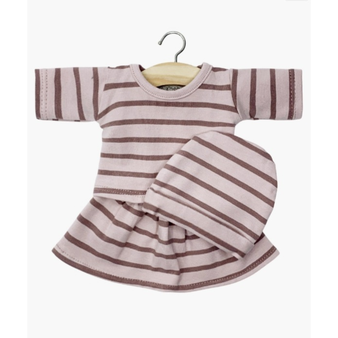 Minikane Ensemble Liliane marinière et jupe en jersey à rayures rose orchidée avec bonnet