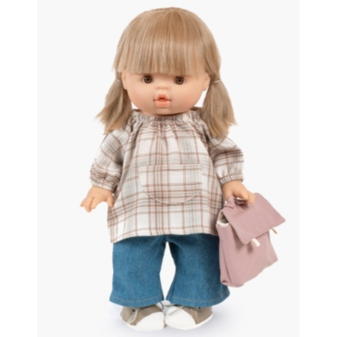 Minikane Ensemble "Back to school" fille avec blouse à carreaux et pantalon en denim foncé