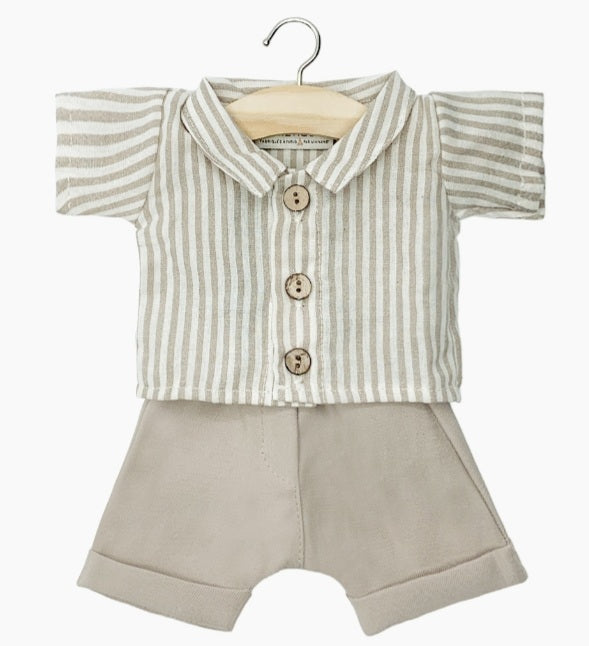 Ensemble salopette Jules en tence beige et chemise Leopold en coton à rayures taupe