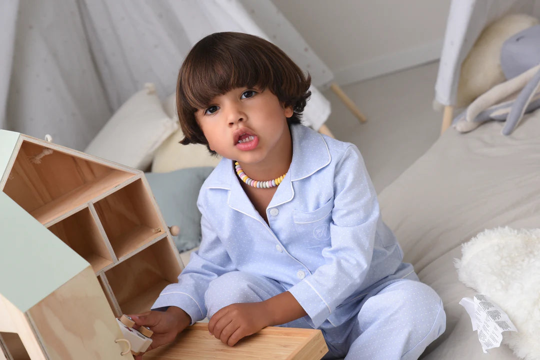 Pyjama Enfant Andrea Chambray bleu à pois blanc 10 Novembre