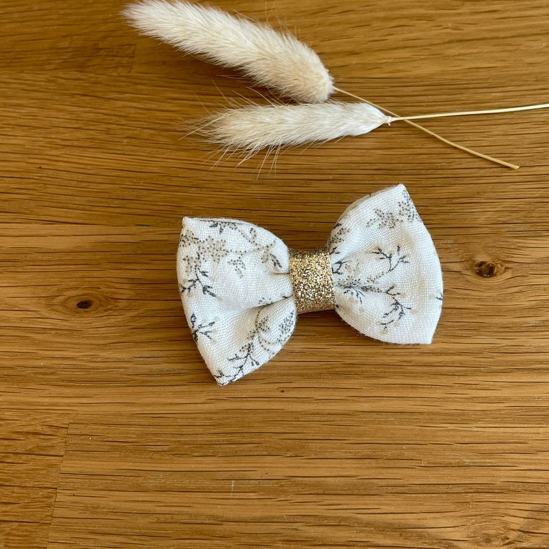 C.a.lylie Barrette anti glisse double gaze de coton écru motif fleur gris et or