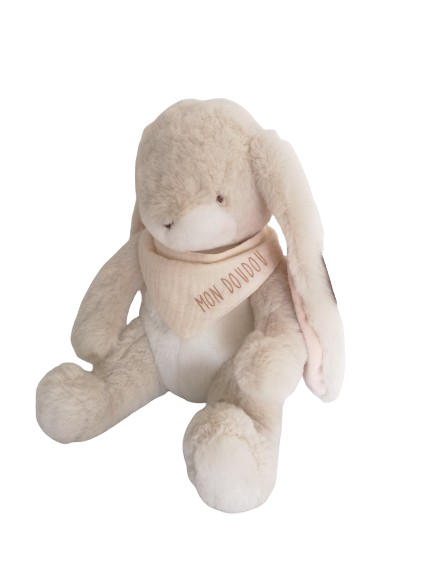 Peluche lapin beige avec bandana"mon doudou"