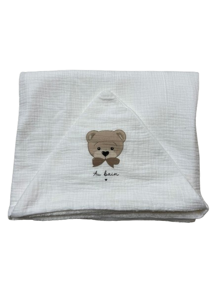 Cape de bain blanche brodée "Au bain" motif ours