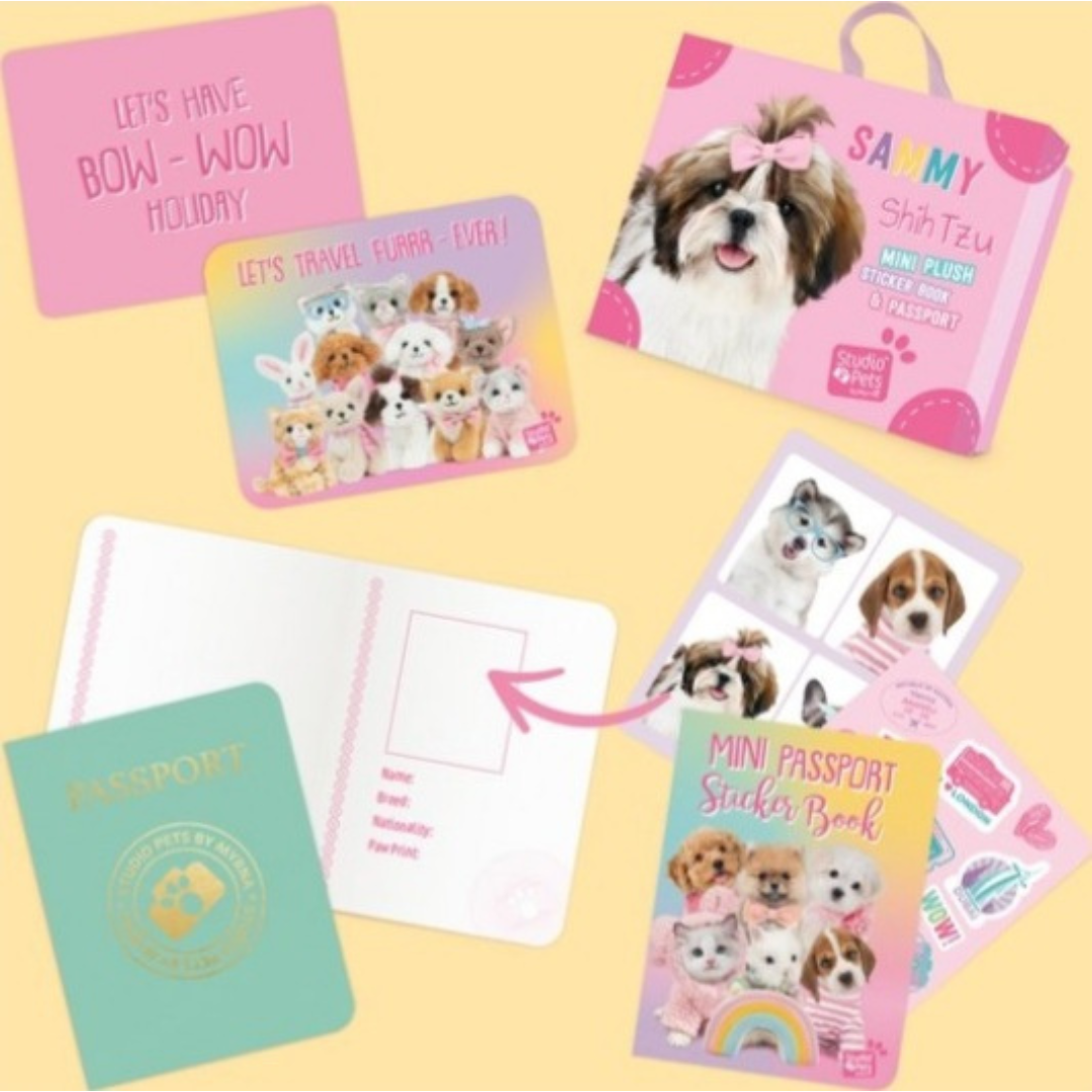 Studio Pets Peluche Sammy avec sa valise, son passeport et ses stickers