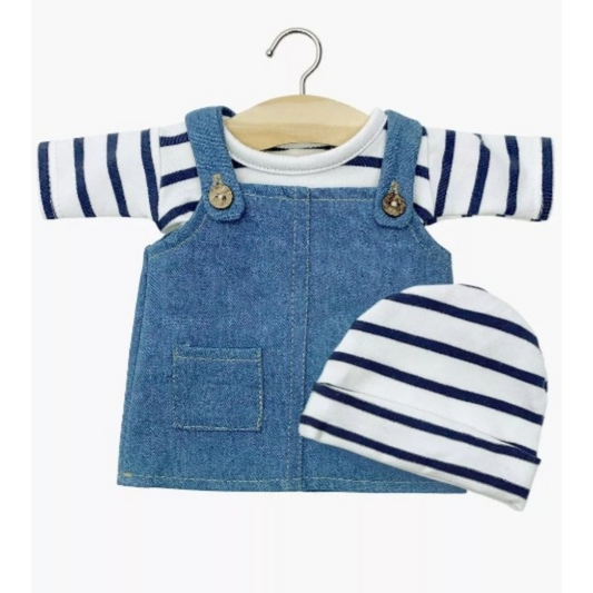 Minikane Ensemble robe salopette Nelly en jean et marinière en jersey à rayures bleu marine avec bonnet