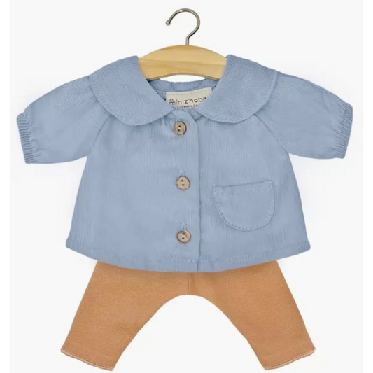 Minikane Ensemble Back to school avec blouse en milleraies bleu ciel et legging en jersey cassonade