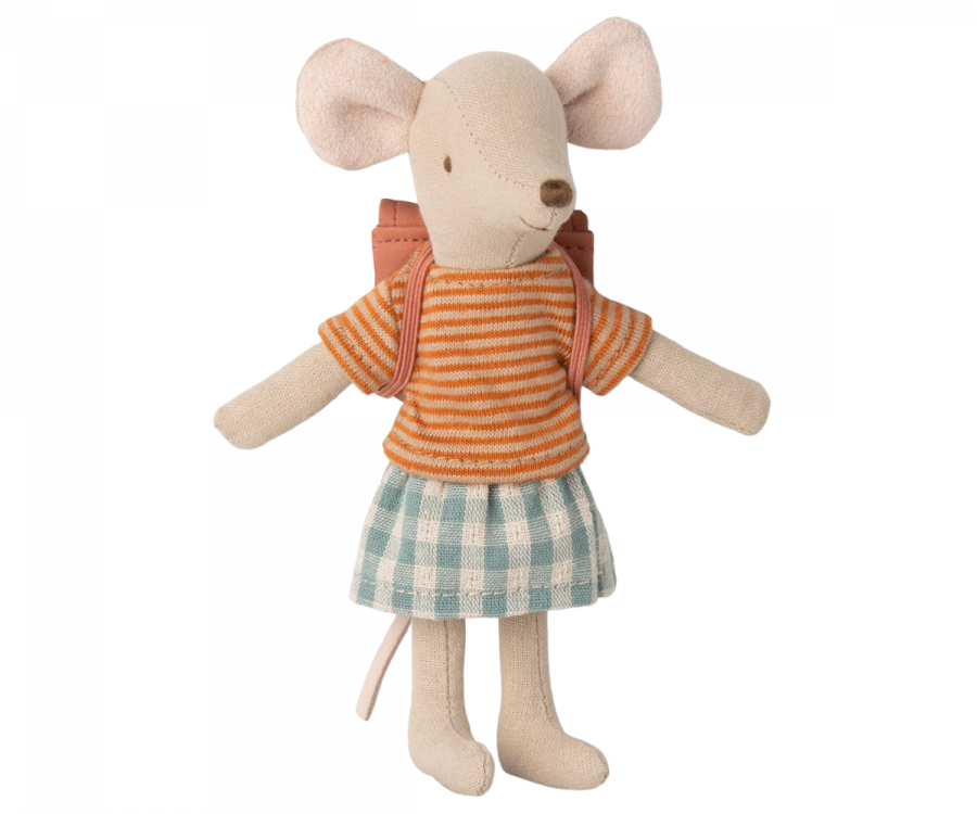 Maileg Souris Tricycle Grande Soeur et son sac - Vieux rose