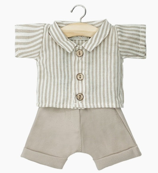 Ensemble salopette Jules en tence beige et chemise Leopold en coton à rayures taupe