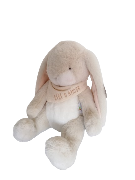 Peluche Lapin beige avec bandana "Bébé d'amour"